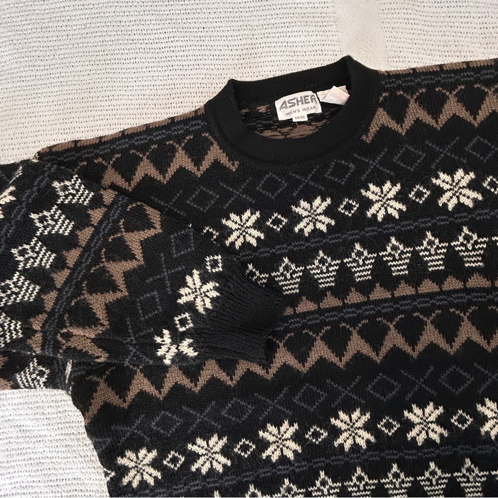 Asher Men’s Size Medium Vintage Wool Sweater Snowflakes Brown Black White Chunky